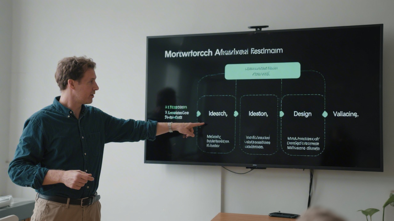 Instructor pointing to a structured framework diagram on a screen, showing stages of research, ideation, design and validation in a clear workflow