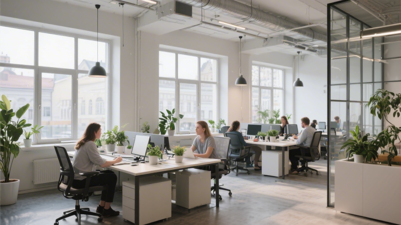 Modern coworking space in Brno with large windows, shared desks, people collaborating, plants and minimal furniture creating a calm professional environment