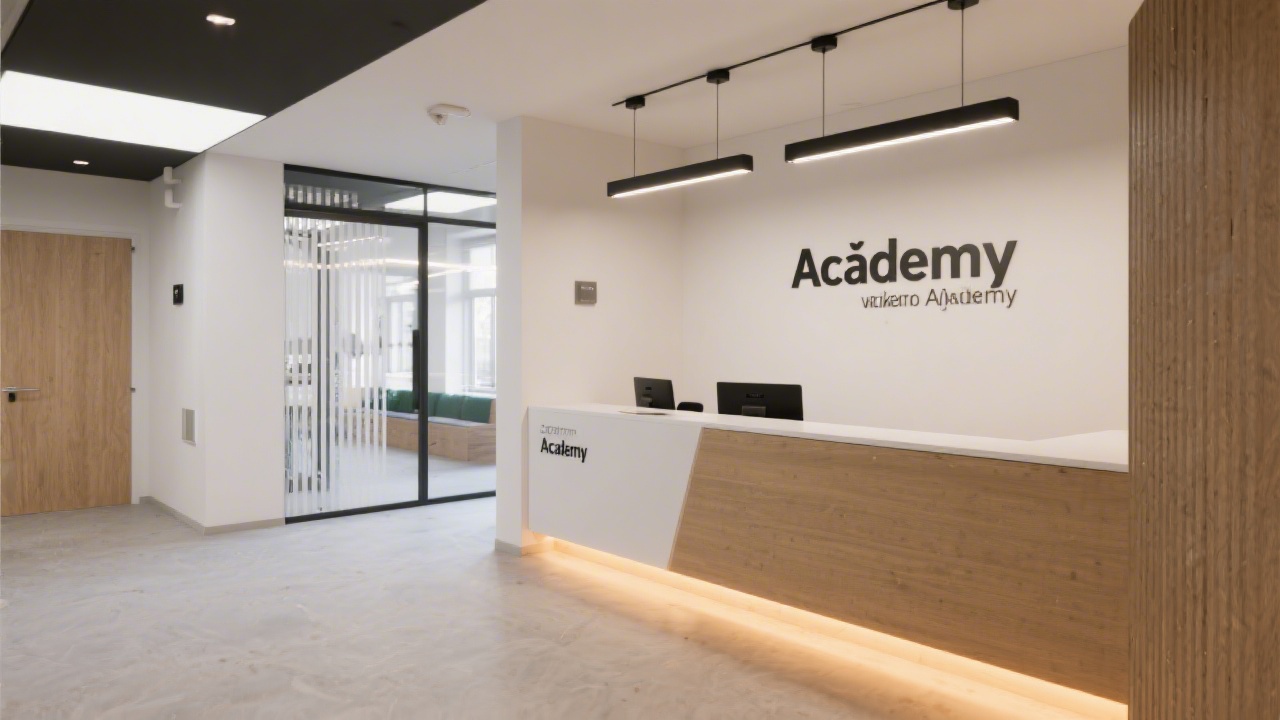 Reception area of a modern academy in Brno with minimalist signage, clean desk, and warm lighting welcoming visitors