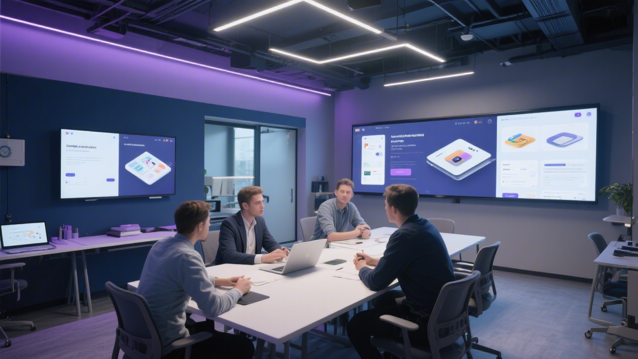 Modern startup learning studio with large screens showing product interfaces, designers collaborating around a table, minimalist interior lighting and calm navy and violet color accents