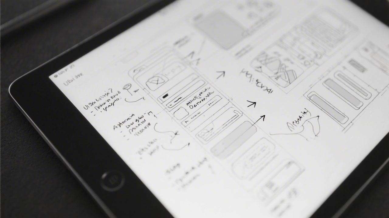 Close-up of UI wireframes on a tablet, annotated with usability notes and arrows, showing structured interface planning in grayscale