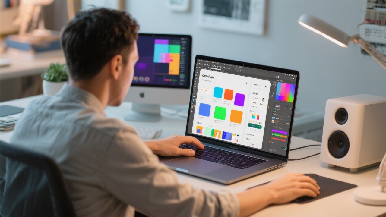 Designer working on high-fidelity UI screens in a design tool, colorful interface components, focused creative environment and modern laptop setup