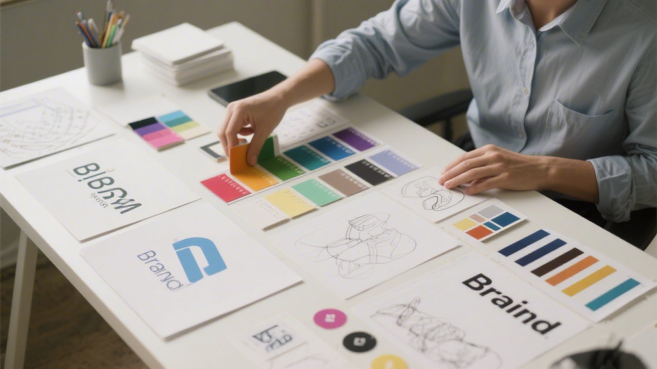 Brand strategist arranging color palette, typography samples and logo sketches on a desk, showcasing branding process