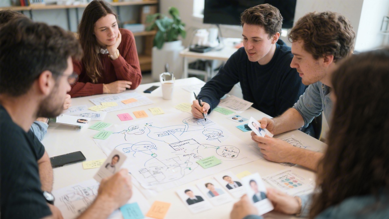 Startup team conducting product discovery workshop, mapping problems and solutions with diagrams and user persona cards