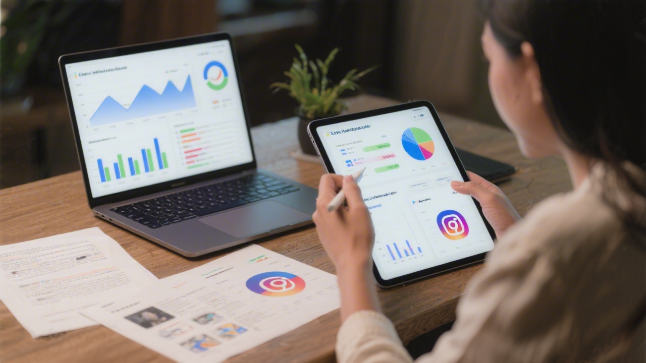 Marketing specialist planning social media campaigns with analytics charts and content drafts on a laptop and tablet