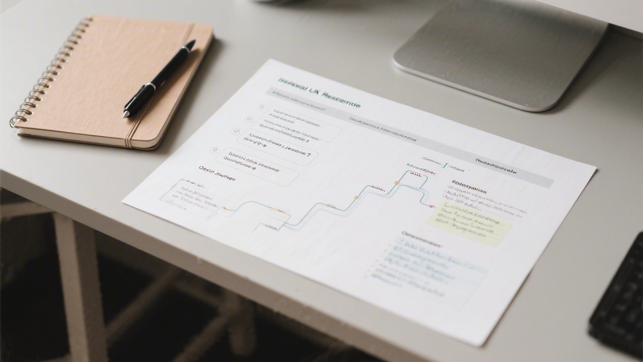 Printable UX research template with interview questions, user journey map and observation notes laid out on a desk with pen and notebook