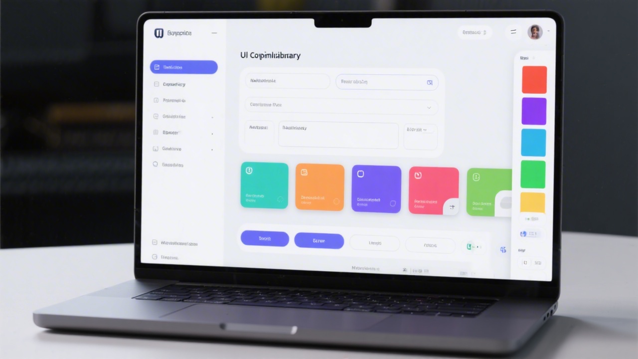 UI component library displayed on a laptop, showing buttons, form fields and cards with color palette on the side panel
