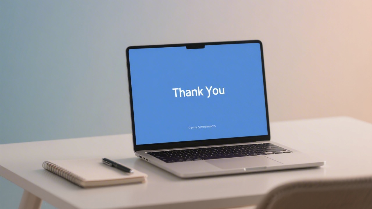 Minimalist thank you screen on a laptop with calm gradient background, tidy desk with notebook and pen, professional confirmation vibe
